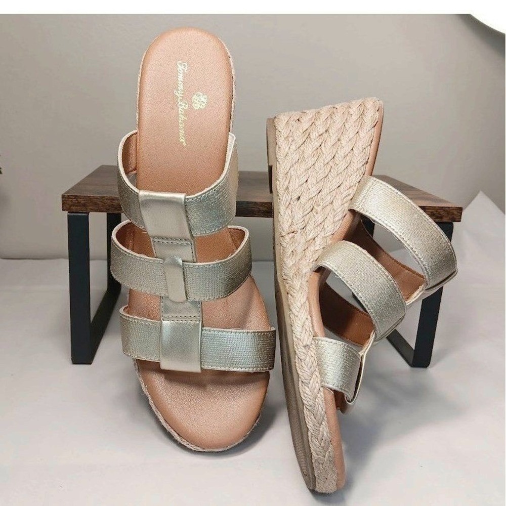 Tommy Bahama Wedge Sandals Womens 10 Gold Metallic Espadrille Slide Shoes